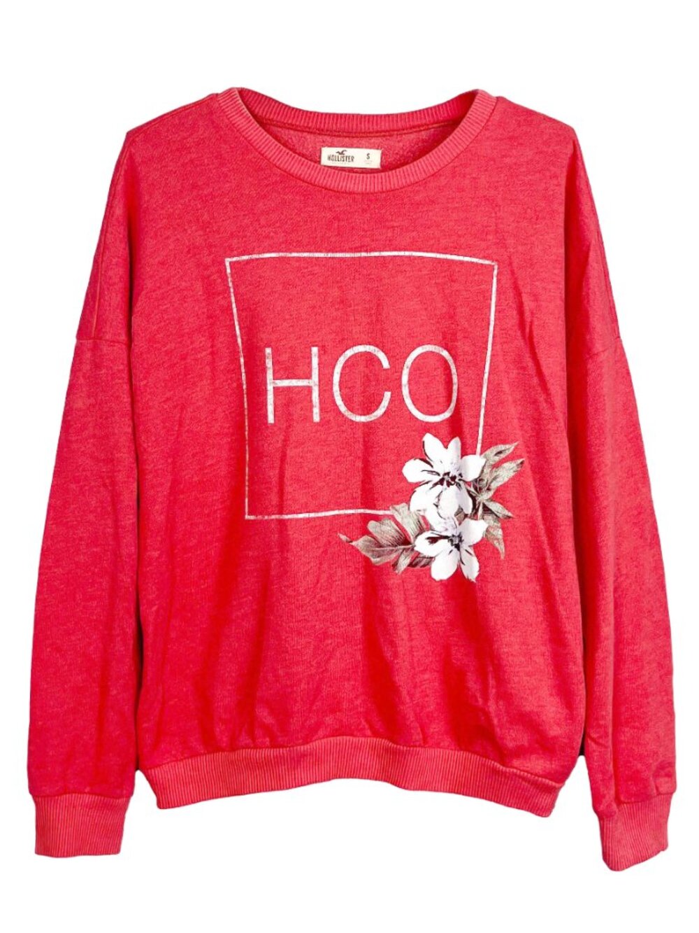 Hollister Womens Small Crew Neck Pullover Sweater Red Floral HCO Logo